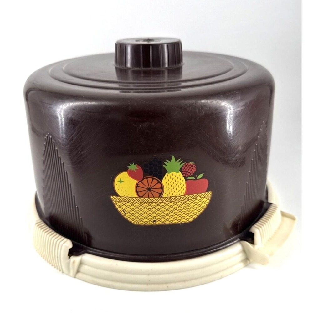 Locking Cake Cover Carrier Lock Lift Brown Plastic w/Fruit Design Retro Vintage